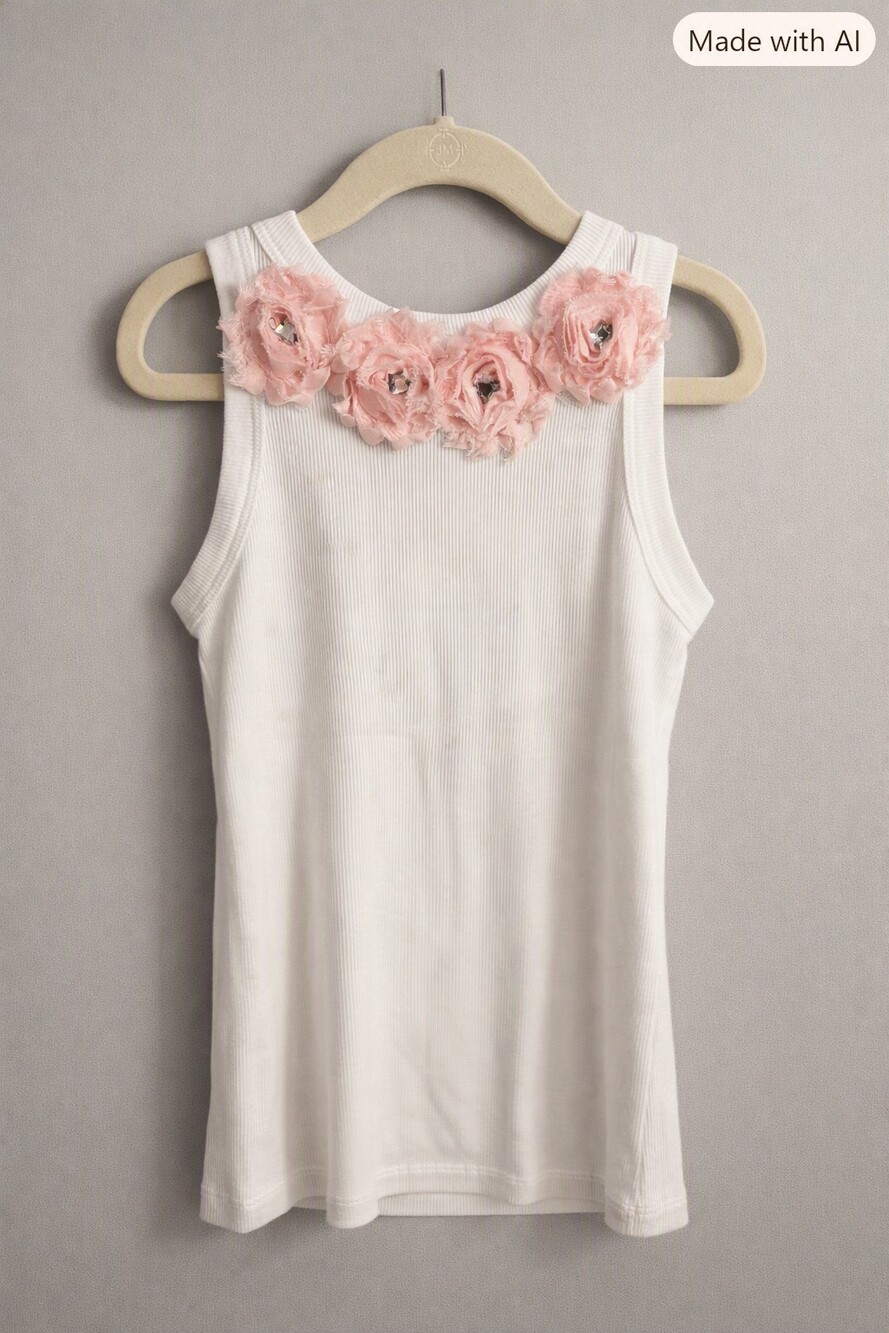 White Ribbed Tank Top with Pink Fabric Flower Embellishments Sleeveless Shirt